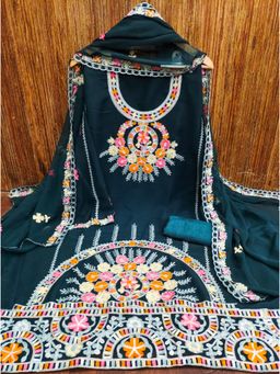 Zeepkart - Embroidered Teal Vichitra Silk Unstitched Kurta with Bottom & Dupatta (Set of 3)