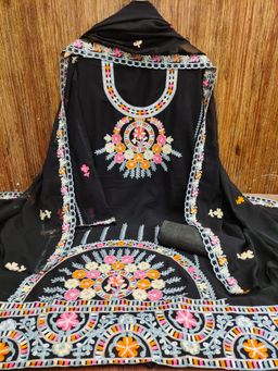 Zeepkart - Embroidered Black Vichitra Silk Unstitched Kurta with Bottom & Dupatta (Set of 3)