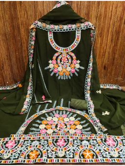 Zeepkart - Embroidered Green Vichitra Silk Unstitched Kurta with Bottom & Dupatta (Set of 3)