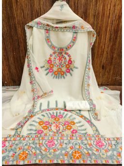 Zeepkart - Embroidered Off White Vichitra Silk Unstitched Kurta with Bottom & Dupatta (Set of 3)