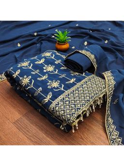 Zeepkart - Embroidered Navy Blue Vichitra Silk Unstitched Kurta with Bottom & Dupatta (Set of 3)