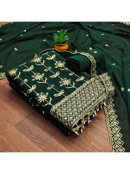 Zeepkart - Embroidered Green Vichitra Silk Unstitched Kurta with Bottom & Dupatta (Set of 3)