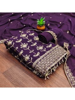 Zeepkart - Embroidered Purple Vichitra Silk Unstitched Kurta with Bottom & Dupatta (Set of 3)