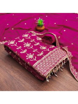 Zeepkart - Embroidered Pink Vichitra Silk Unstitched Kurta with Bottom & Dupatta (Set of 3)