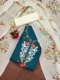 Zeepkart - Embroidered Teal Vichitra Silk Unstitched Kurta with Bottom & Dupatta (Set of 3)