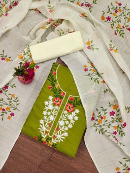 Zeepkart - Embroidered Green Vichitra Silk Unstitched Kurta with Bottom & Dupatta (Set of 3)