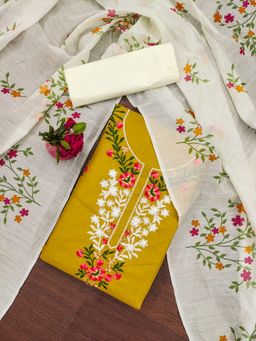 Zeepkart - Embroidered Mustard Vichitra Silk Unstitched Kurta with Bottom & Dupatta (Set of 3)
