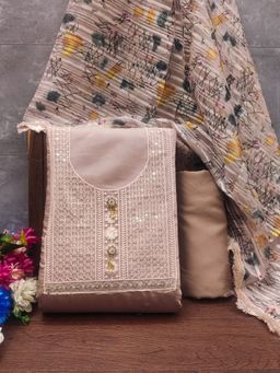 Zeepkart - Embroidered Brown Vichitra Silk Unstitched Kurta with Bottom & Dupatta (Set of 3)