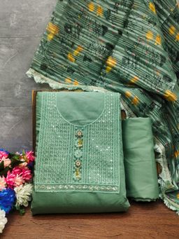 Zeepkart - Embroidered Green Vichitra Silk Unstitched Kurta with Bottom & Dupatta (Set of 3)