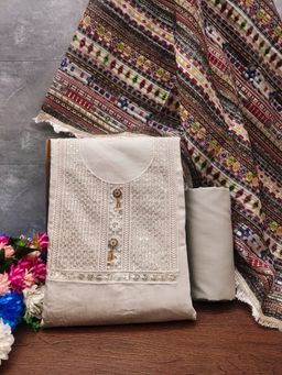 Zeepkart - Embroidered Grey Vichitra Silk Unstitched Kurta with Bottom & Dupatta (Set of 3)