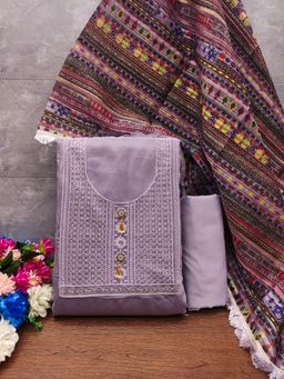 Zeepkart - Embroidered Lavender Vichitra Silk Unstitched Kurta with Bottom & Dupatta (Set of 3)