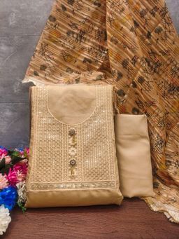 Zeepkart - Embroidered Mustard Vichitra Silk Unstitched Kurta with Bottom & Dupatta (Set of 3)