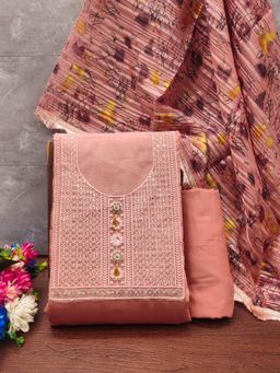 Zeepkart - Embroidered Peach Vichitra Silk Unstitched Kurta with Bottom & Dupatta (Set of 3)