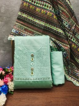 Zeepkart - Embroidered Green Vichitra Silk Unstitched Kurta with Bottom & Dupatta (Set of 3)