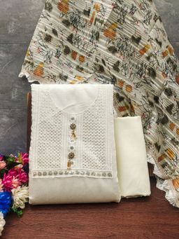 Zeepkart - Embroidered Off White Vichitra Silk Unstitched Kurta with Bottom & Dupatta (Set of 3)