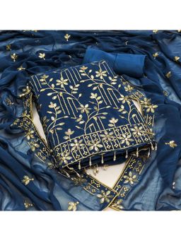 Zeepkart - Embroidered Teal Vichitra Silk Unstitched Kurta with Bottom & Dupatta (Set of 3)