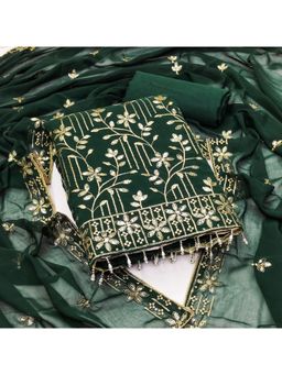 Zeepkart - Embroidered Green Vichitra Silk Unstitched Kurta with Bottom & Dupatta (Set of 3)