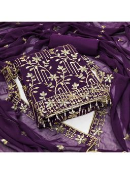 Zeepkart - Embroidered Purple Vichitra Silk Unstitched Kurta with Bottom & Dupatta (Set of 3)