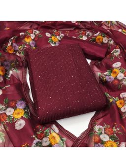 Zeepkart - Embellished Maroon Vichitra Silk Unstitched Kurta with Bottom & Dupatta (Set of 3)