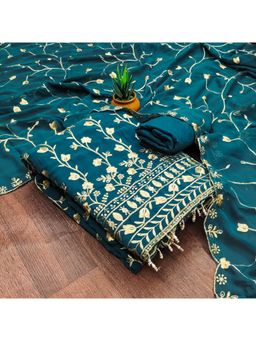 Zeepkart - Embroidered Teal Vichitra Silk Unstitched Kurta with Bottom & Dupatta (Set of 3)