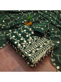 Zeepkart - Embroidered Green Vichitra Silk Unstitched Kurta with Bottom & Dupatta (Set of 3)