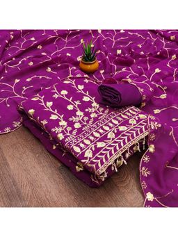 Zeepkart - Embroidered Purple Vichitra Silk Unstitched Kurta with Bottom & Dupatta (Set of 3)