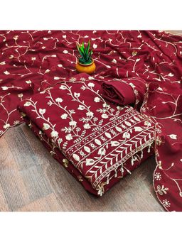 Zeepkart - Embroidered Maroon Vichitra Silk Unstitched Kurta with Bottom & Dupatta (Set of 3)