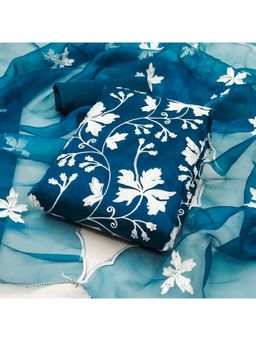 Zeepkart - Embroidered Teal Vichitra Silk Unstitched Kurta with Bottom & Dupatta (Set of 3)