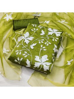 Zeepkart - Embroidered Green Vichitra Silk Unstitched Kurta with Bottom & Dupatta (Set of 3)