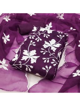 Zeepkart - Embroidered Purple Vichitra Silk Unstitched Kurta with Bottom & Dupatta (Set of 3)