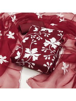 Zeepkart - Embroidered Maroon Vichitra Silk Unstitched Kurta with Bottom & Dupatta (Set of 3)