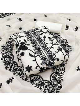 Zeepkart - Embroidered White Vichitra Silk Unstitched Kurta with Bottom & Dupatta (Set of 3)