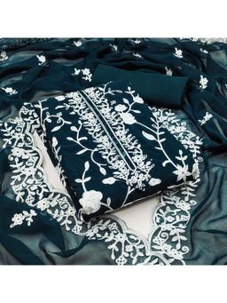 Zeepkart - Embroidered Teal Vichitra Silk Unstitched Kurta with Bottom & Dupatta (Set of 3)