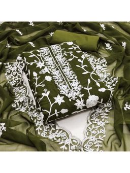 Zeepkart - Embroidered Green Vichitra Silk Unstitched Kurta with Bottom & Dupatta (Set of 3)