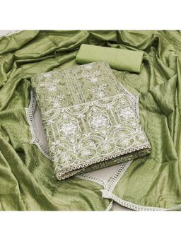 Zeepkart - Printed Green Vichitra Silk Unstitched Kurta with Bottom & Dupatta (Set of 3)