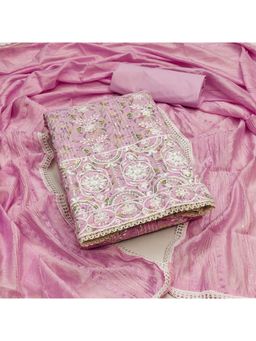 Zeepkart - Printed Pink Vichitra Silk Unstitched Kurta with Bottom & Dupatta (Set of 3)