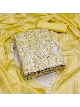 Zeepkart - Printed Yellow Vichitra Silk Unstitched Kurta with Bottom & Dupatta (Set of 3)