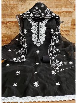 Zeepkart - Embroidered Black Vichitra Silk Unstitched Kurta with Bottom & Dupatta (Set of 3)