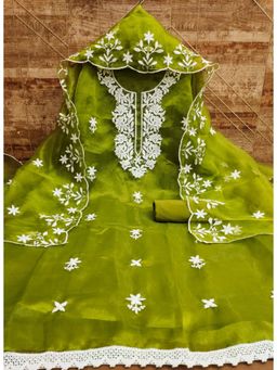 Zeepkart - Embroidered Olive Vichitra Silk Unstitched Kurta with Bottom & Dupatta (Set of 3)
