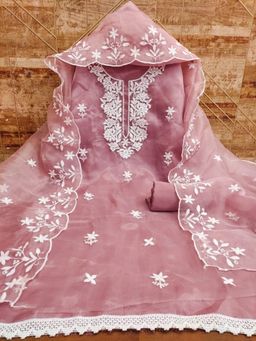 Zeepkart - Embroidered Pink Vichitra Silk Unstitched Kurta with Bottom & Dupatta (Set of 3)