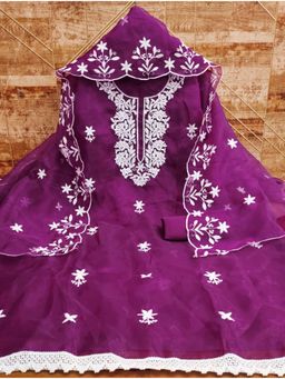 Zeepkart - Embroidered Purple Vichitra Silk Unstitched Kurta with Bottom & Dupatta (Set of 3)