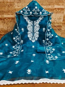 Zeepkart - Embroidered Teal Vichitra Silk Unstitched Kurta with Bottom & Dupatta (Set of 3)