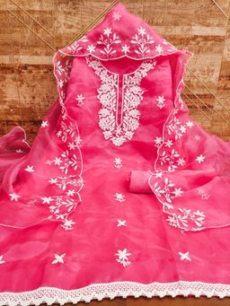 Zeepkart - Embroidered Pink Vichitra Silk Unstitched Kurta with Bottom & Dupatta (Set of 3)