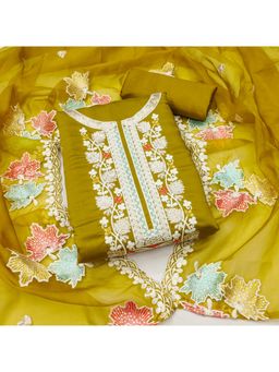 Zeepkart - Embroidered Mustard Vichitra Silk Unstitched Kurta with Bottom & Dupatta (Set of 3)