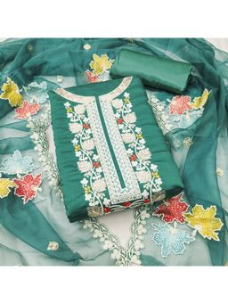 Zeepkart - Embroidered Green Vichitra Silk Unstitched Kurta with Bottom & Dupatta (Set of 3)