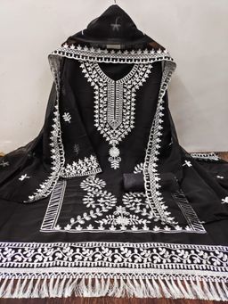 Zeepkart - Embroidered Black Vichitra Silk Unstitched Kurta with Bottom & Dupatta (Set of 3)