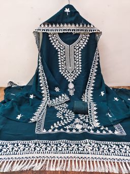 Zeepkart - Embroidered Teal Vichitra Silk Unstitched Kurta with Bottom & Dupatta (Set of 3)
