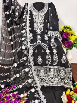 Zeepkart - Embroidered Black Vichitra Silk Unstitched Kurta with Bottom & Dupatta (Set of 3)