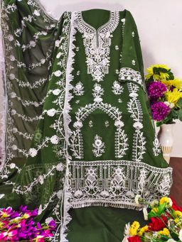 Zeepkart - Embroidered Green Vichitra Silk Unstitched Kurta with Bottom & Dupatta (Set of 3)