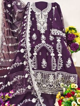 Zeepkart - Embroidered Purple Vichitra Silk Unstitched Kurta with Bottom & Dupatta (Set of 3)
